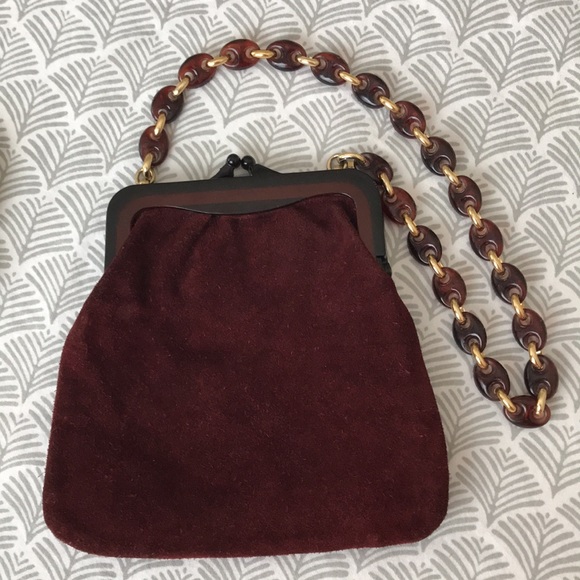 Vintage Italian 1930’s soft suede bag w/ tortoise shell plastic frame and chain - Picture 3 of 11